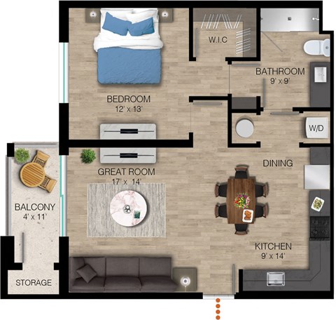 Floor plan for 1 bed, 1 bath, 821 sqft